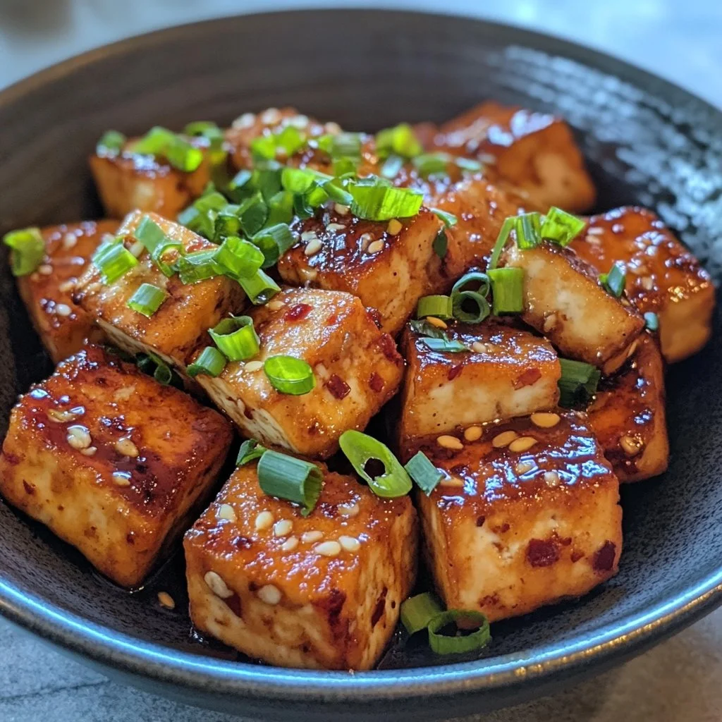 Plate of crispy tofu sticks drizzled with sticky sauce, garnished with herbs.