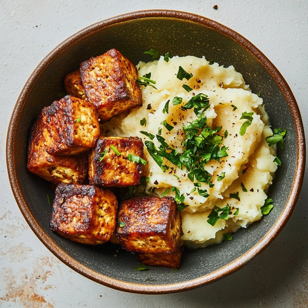 Crispy tofu steak bites served with buttery mashed potatoes on a plate.
