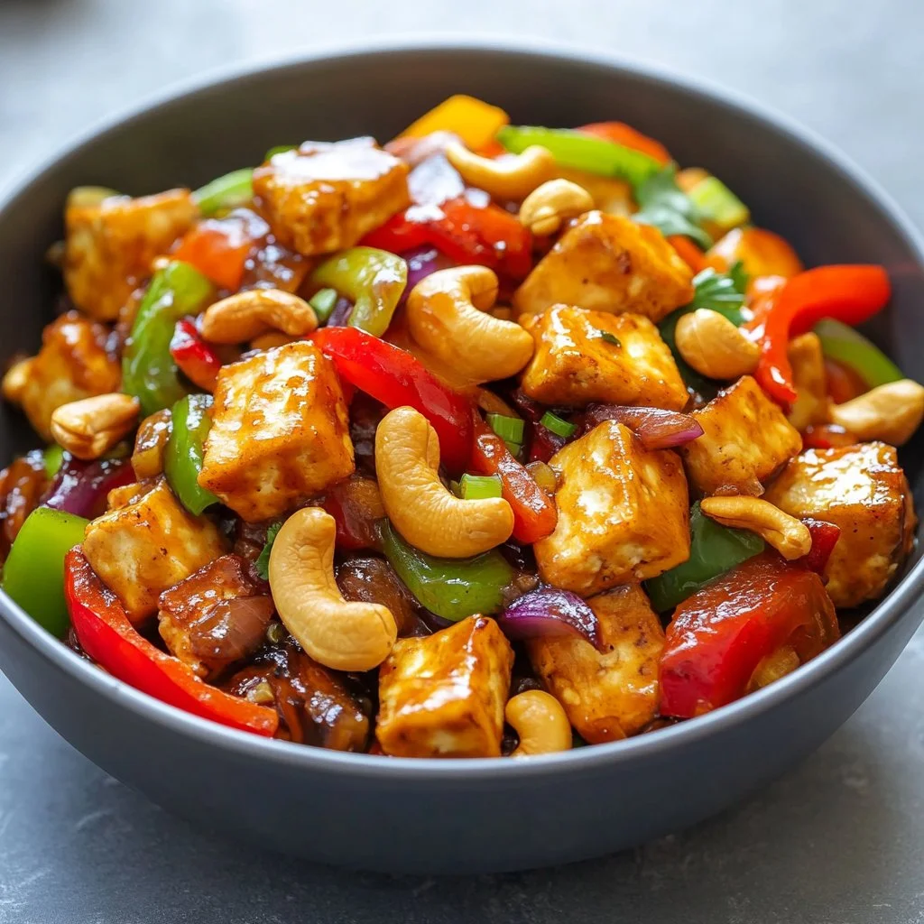 Crispy tofu stir fry with colorful vegetables in a wok