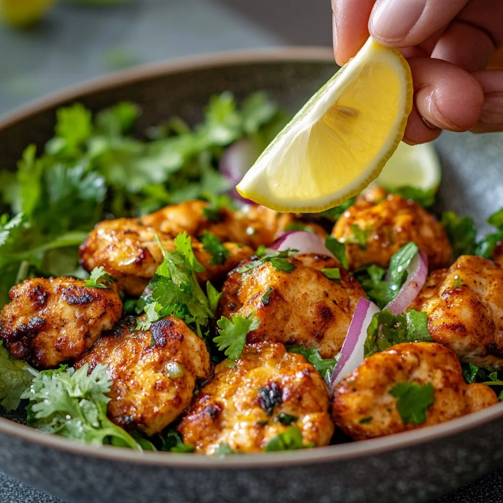 Crispy vegan schnitzel cutlet made from tofu, plated with fresh herbs.