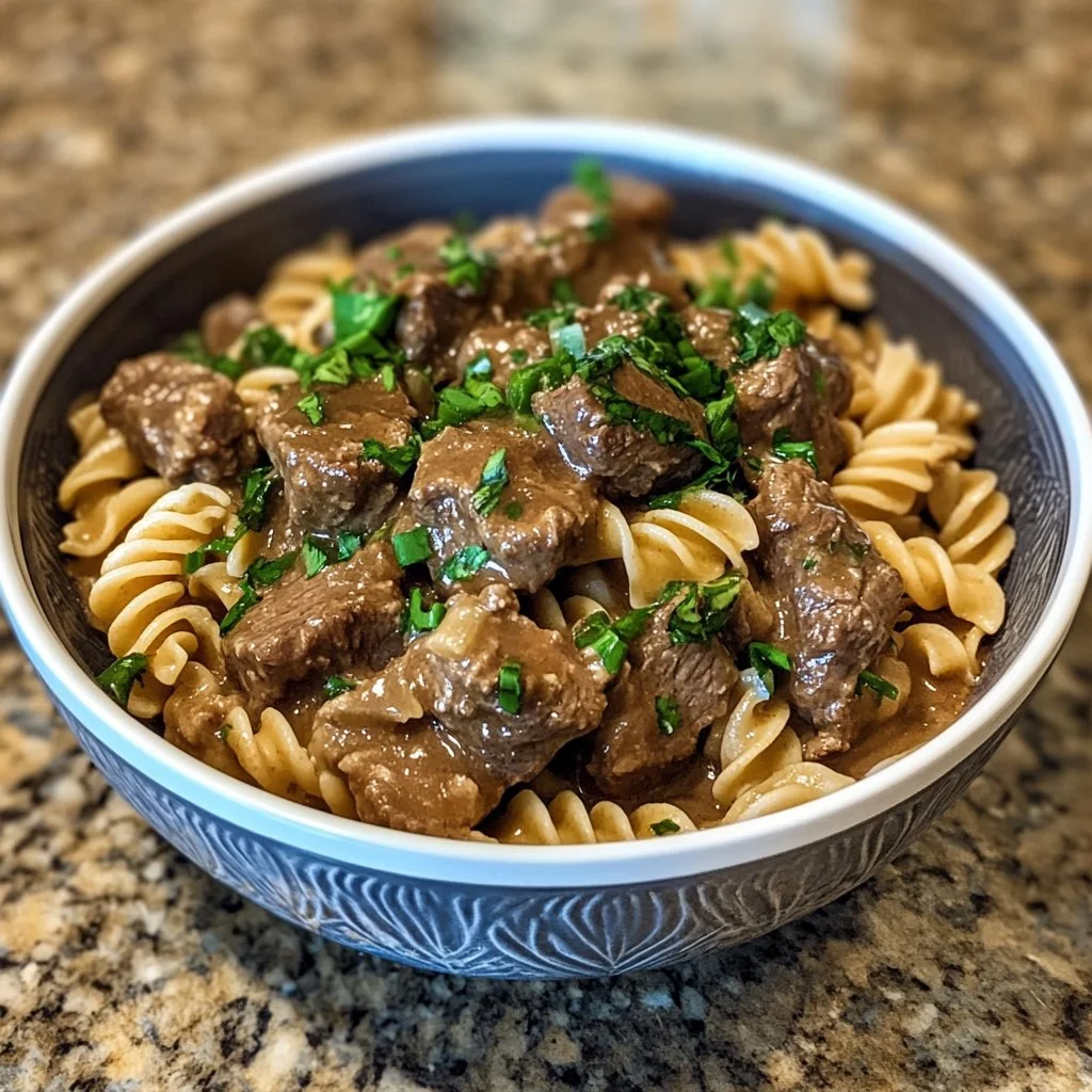 Crockpot beef tips served with noodles in a savory sauce