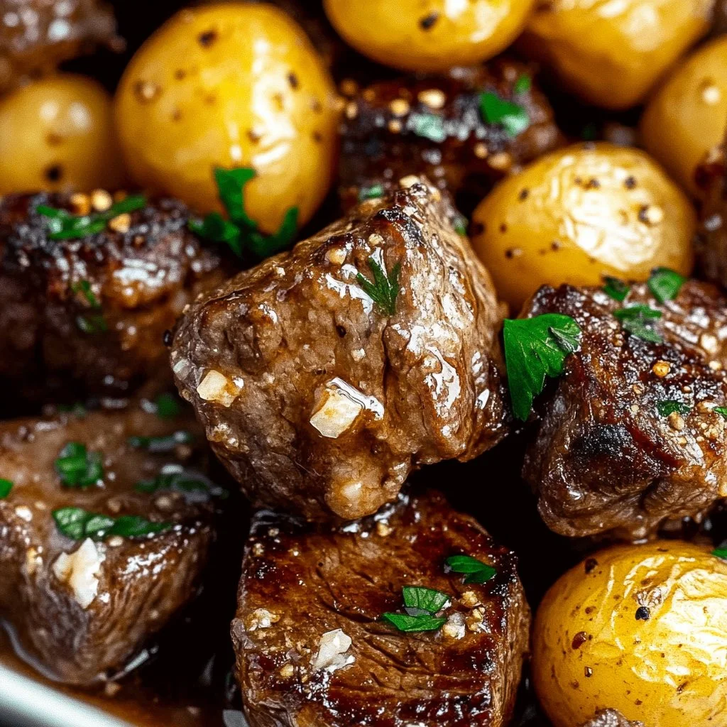 Crockpot Garlic Butter Steak Bites cooked and served in a bowl.