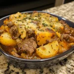 Crockpot Loaded Steak & Potato Bake served in a rustic dish.