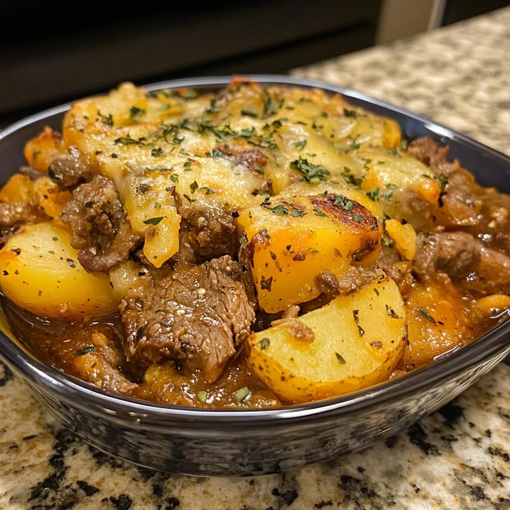 Crockpot Loaded Steak & Potato Bake served in a rustic dish.