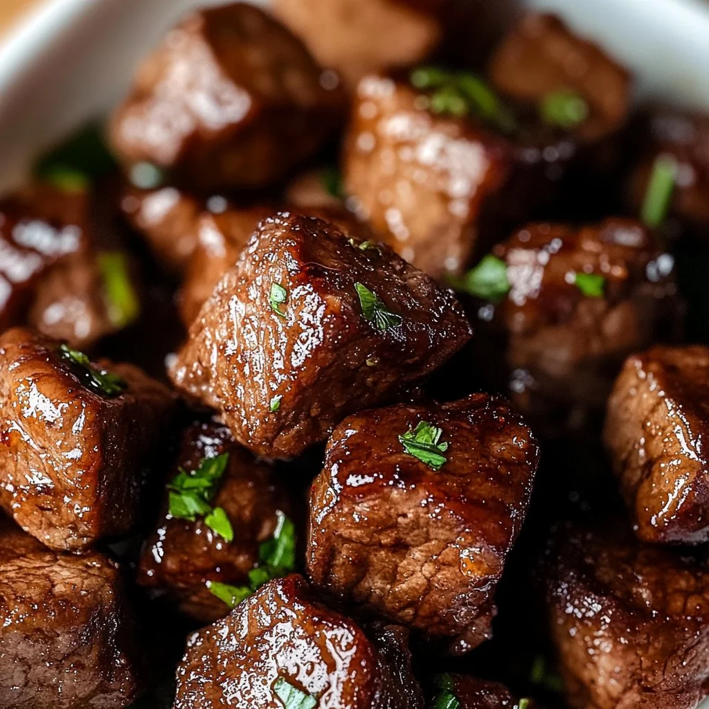 Delicious Crockpot steak bites served on a plate with fresh herbs.