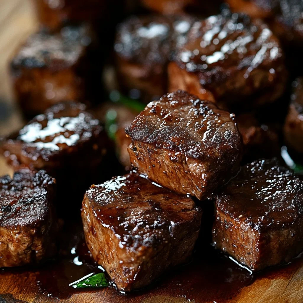 Crockpot steak bites served in a bowl garnished with herbs