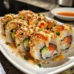 Delicious Crunchy Roll Sushi plated with fresh ingredients and crispy toppings.