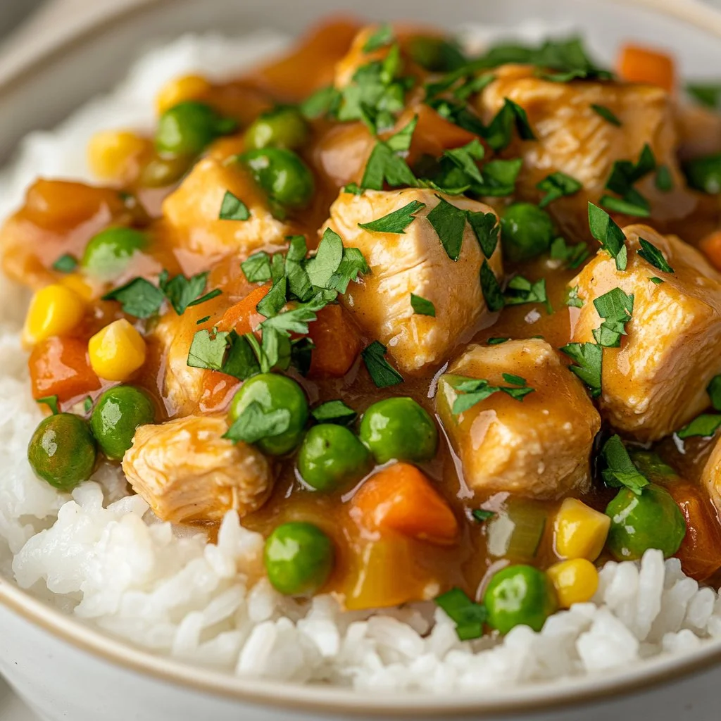 Delicious crustless chicken pot pie served in a bowl with vegetables
