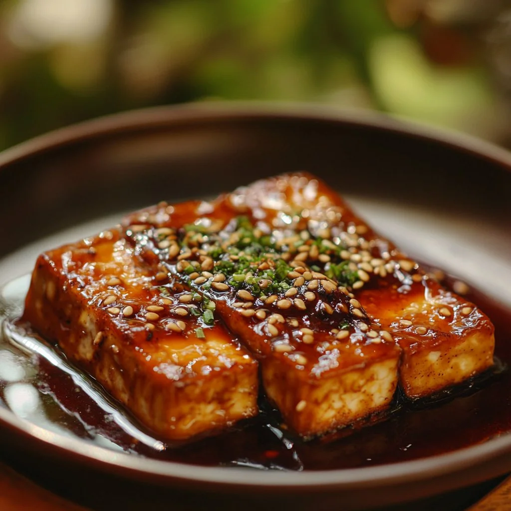 Delicious tofu glaze drizzling over cooked tofu cubes on a plate.