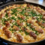 Easy cheesy sausage and rice skillet meal with melted cheese and sausage.
