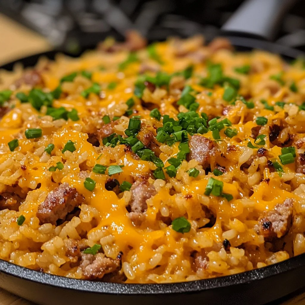 Easy cheesy sausage and rice skillet dish served in a pan with colorful ingredients