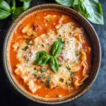 Bowl of easy creamy lasagna soup with layers of cheese and pasta
