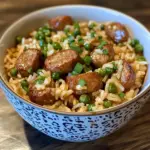 Delicious one pot sausage and rice dish served in a bowl