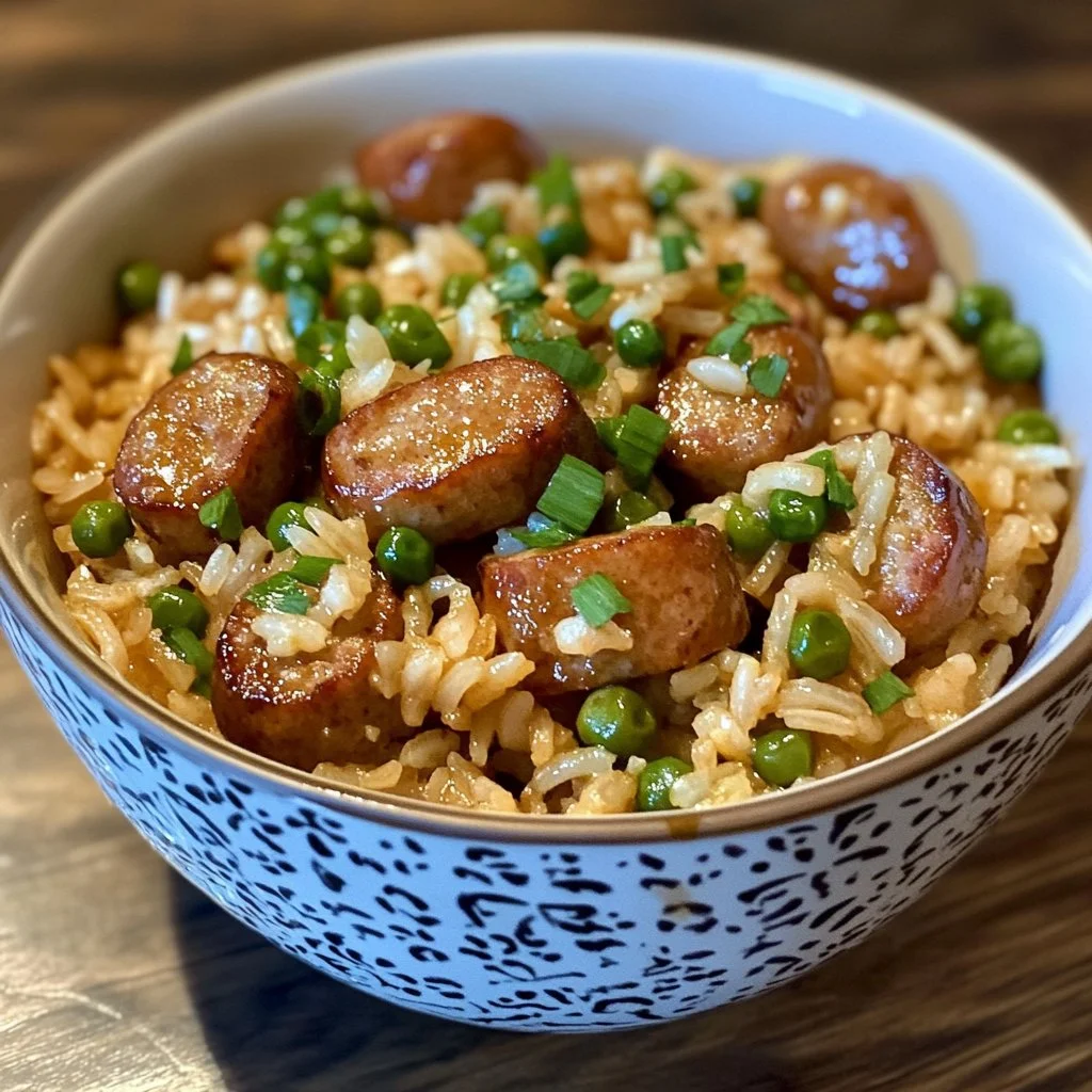 Delicious one pot sausage and rice dish served in a bowl