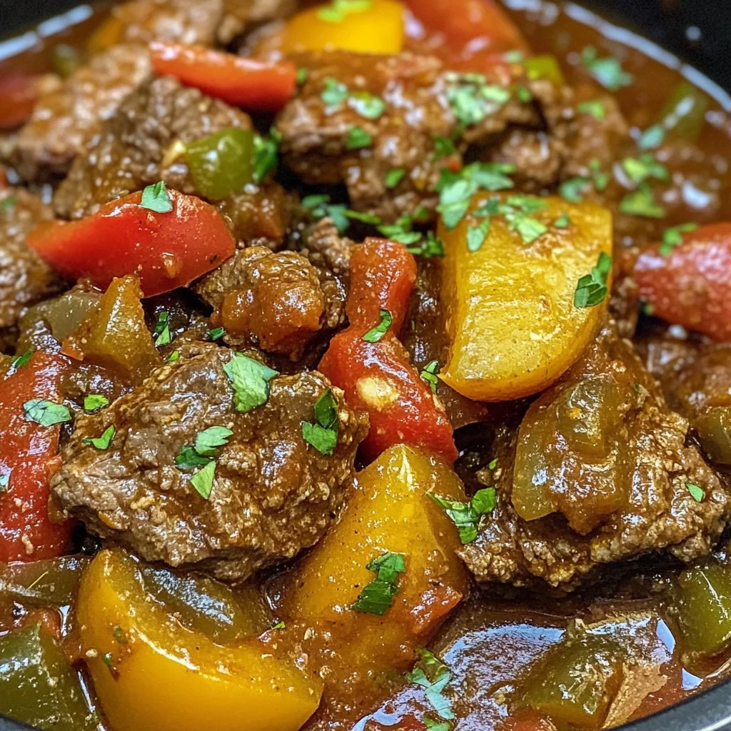 Delicious slow cooker pepper steak with colorful peppers and juicy beef.