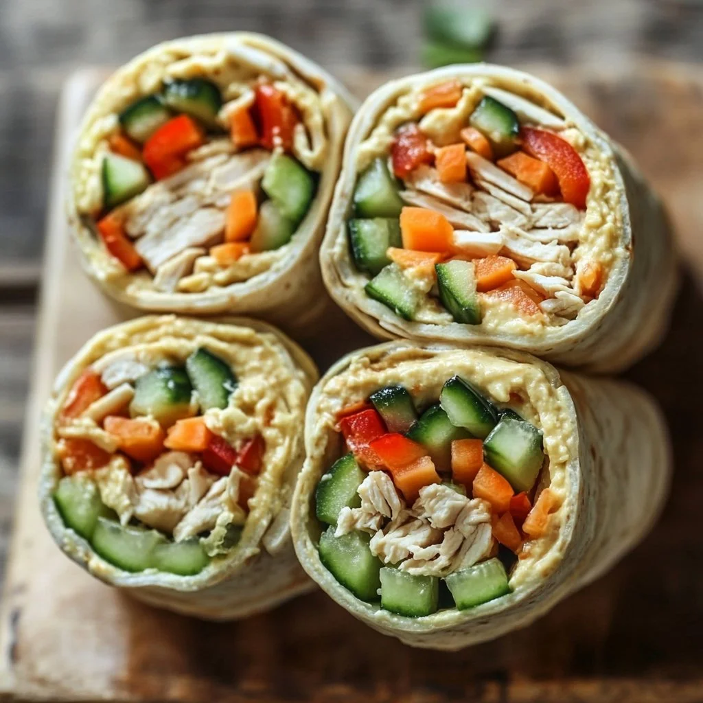 Flavor-packed chicken and hummus veggie wraps on a plate