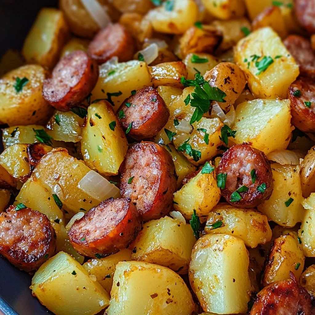 Fried potatoes with onions and smoked Polish sausage served in a skillet