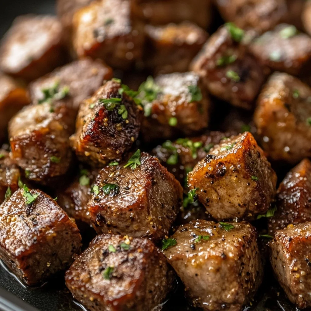 Delicious garlic butter air fryer steak bites served on a plate
