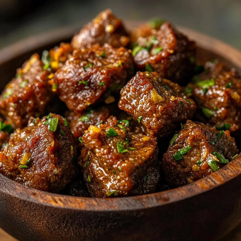 Plate of savory garlic butter beef bites garnished with herbs