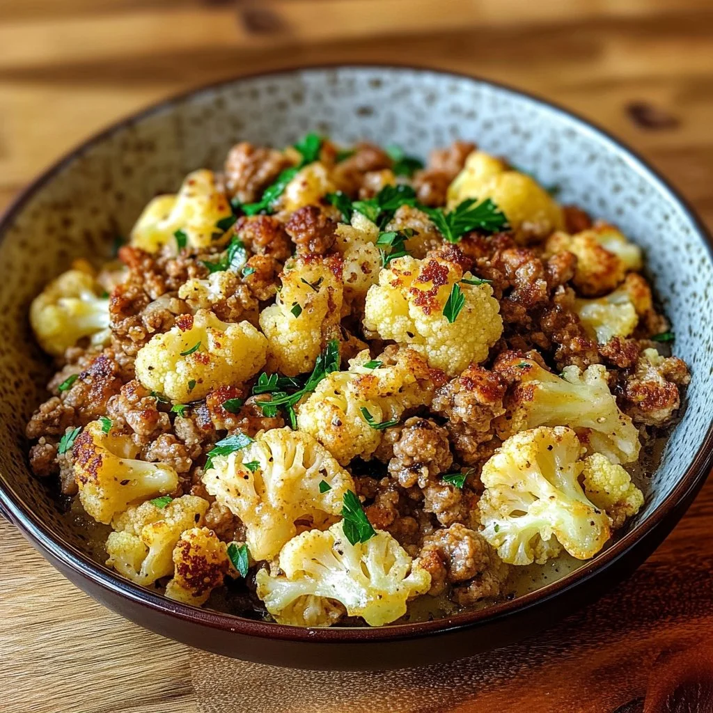 Garlic Butter Ground Turkey served in a skillet with cauliflower