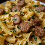 Delicious garlic butter sausage served with creamy parmesan pasta