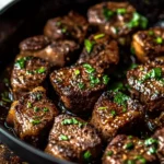 Delicious Garlic Butter Steak Bites served with herbs on a plate.