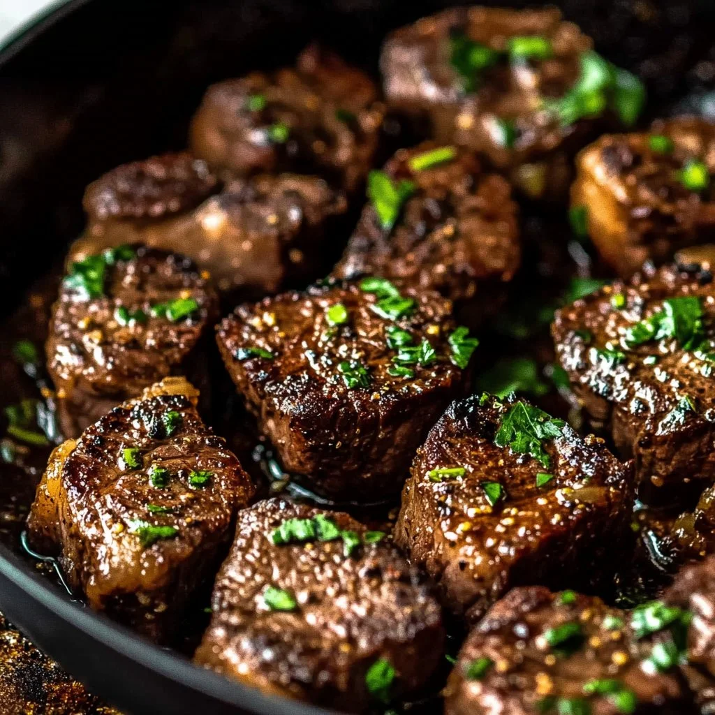 Delicious Garlic Butter Steak Bites served with herbs on a plate.