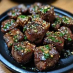 Garlic butter steak bites served on a plate, garnished with herbs.