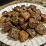 Delicious garlic butter steak bites served on a white plate with herbs