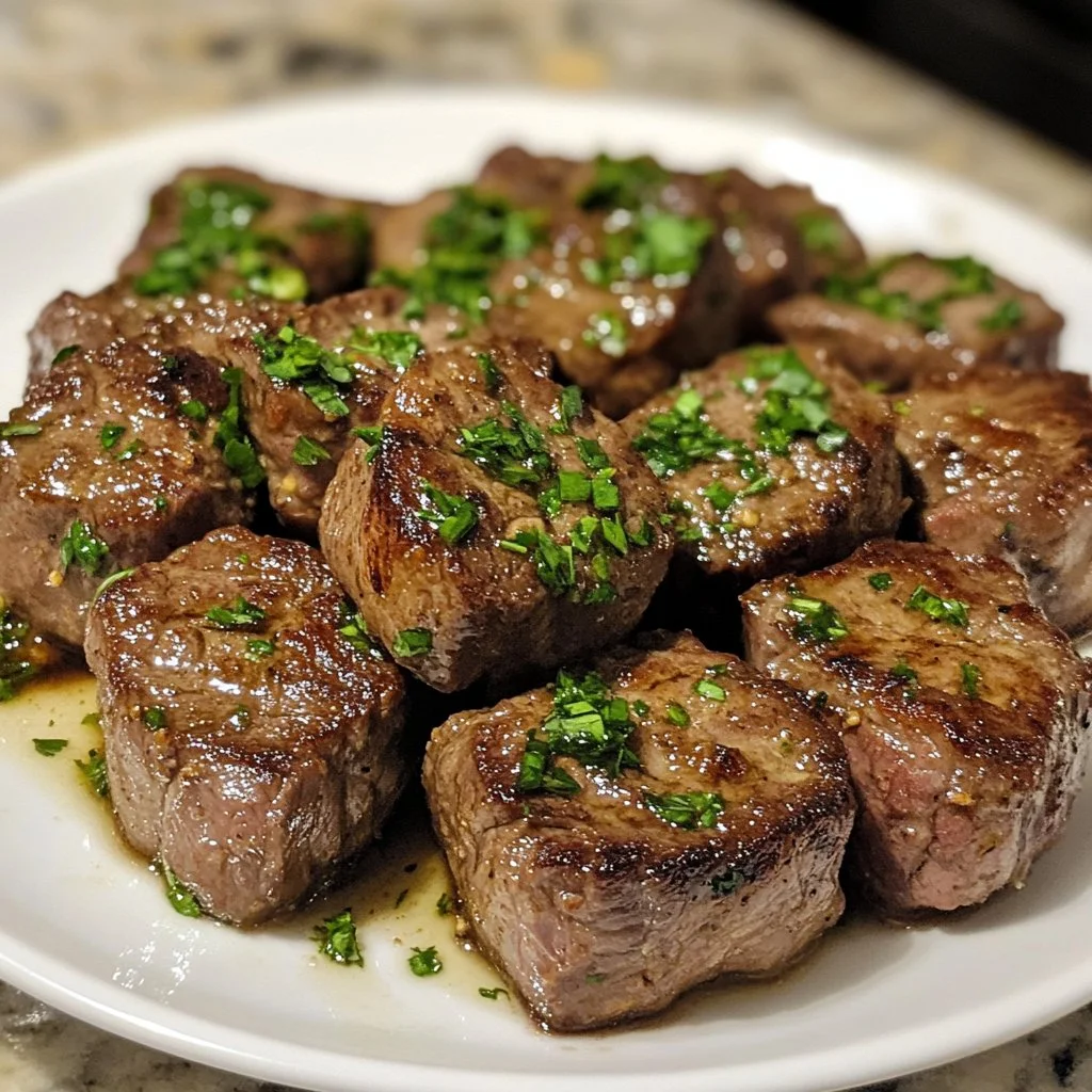 Delicious garlic butter steak bites served on a plate