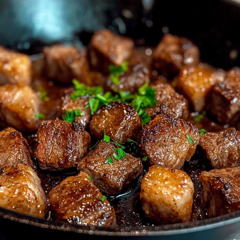 Delicious Garlic Butter Steak Bites garnished and ready to serve
