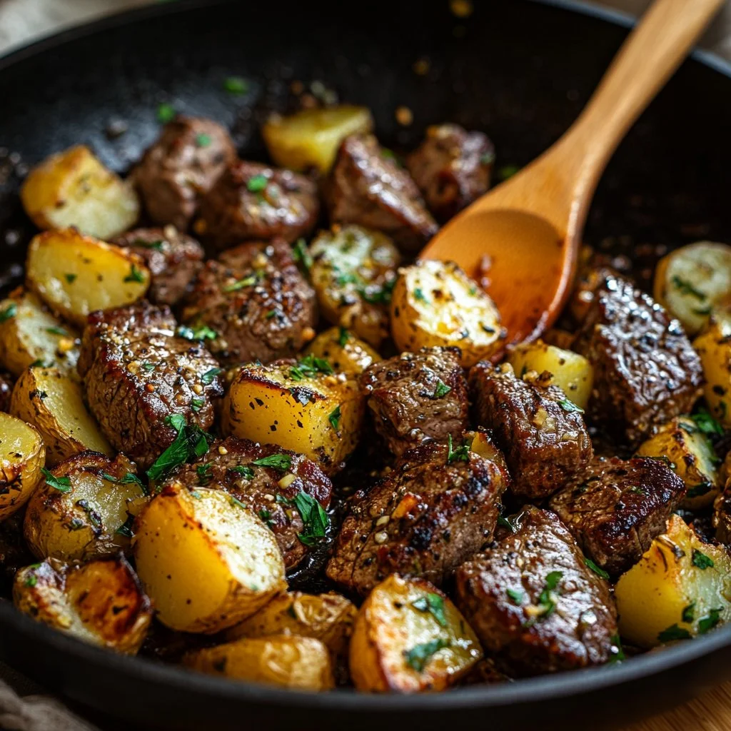 Garlic butter steak bites served with flavorful roasted potatoes
