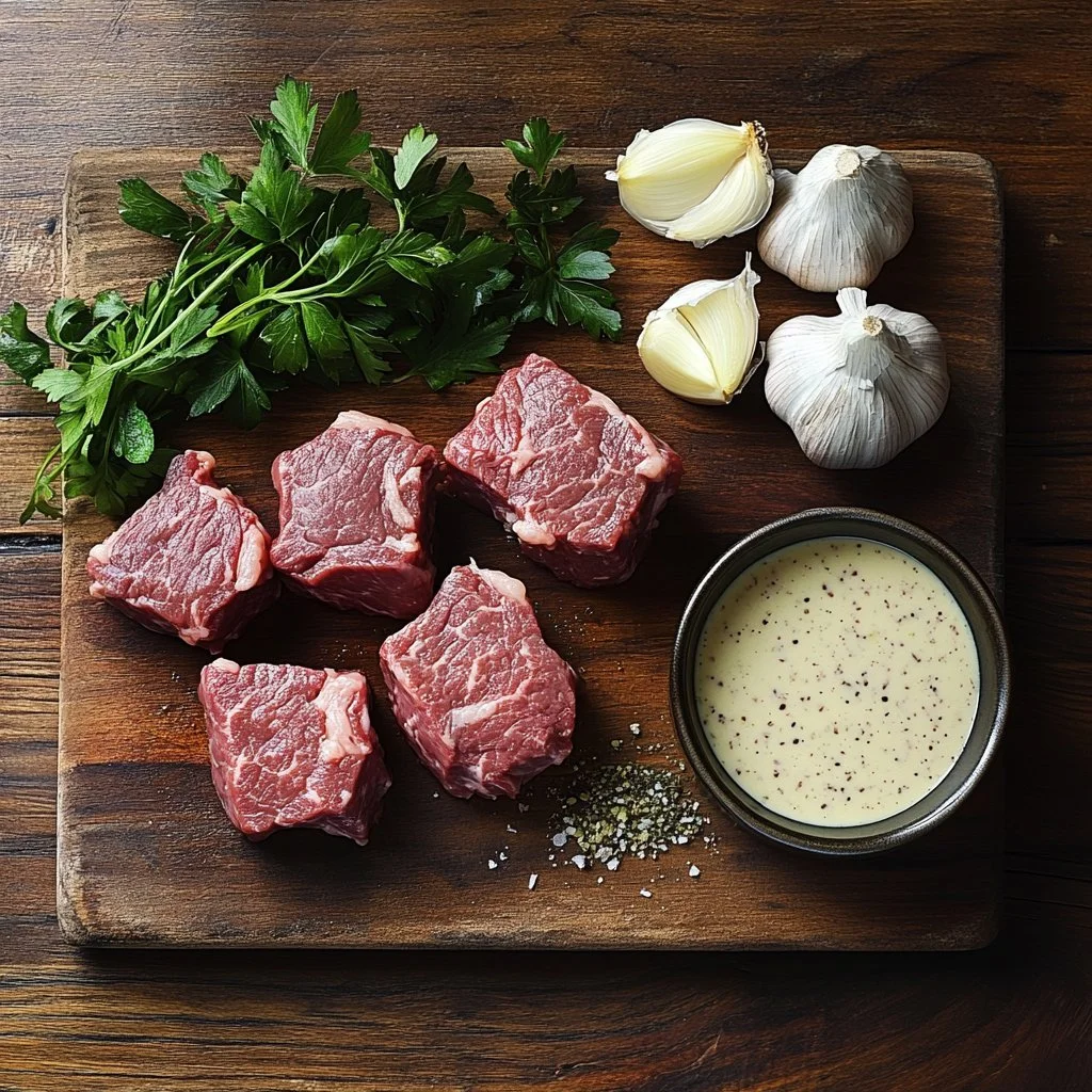 Garlic butter steak bites served with creamy Parmesan sauce
