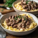 Gluten-free and dairy-free beef stroganoff served in a creamy sauce with mushrooms