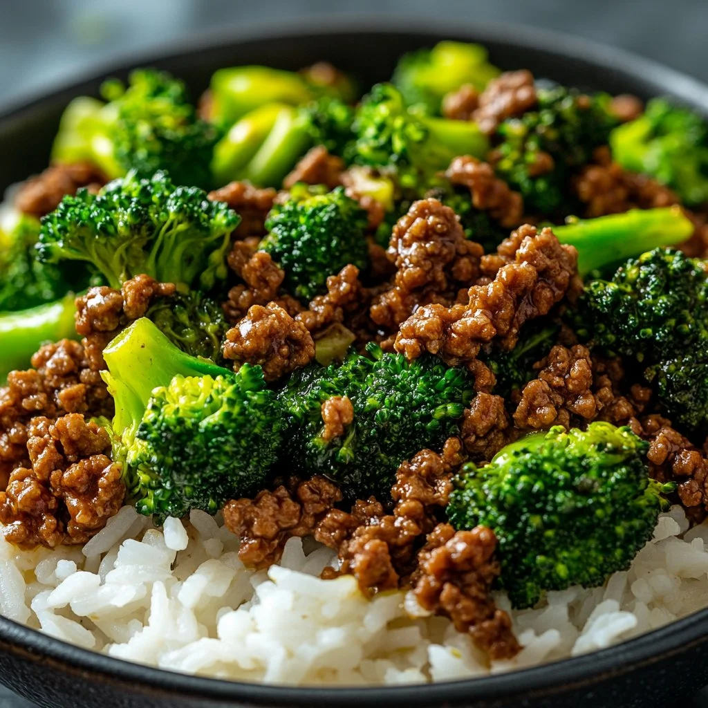 Plate of ground beef and broccoli stir-fry with rice and vegetables