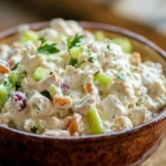 High protein chicken salad with fresh vegetables and dressing