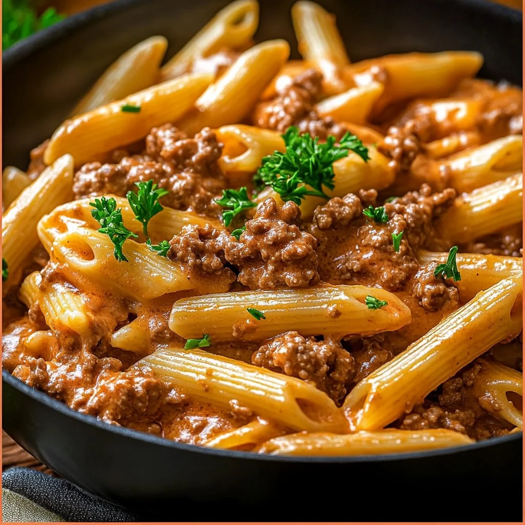 Delicious high protein creamy beef pasta dish served in a bowl