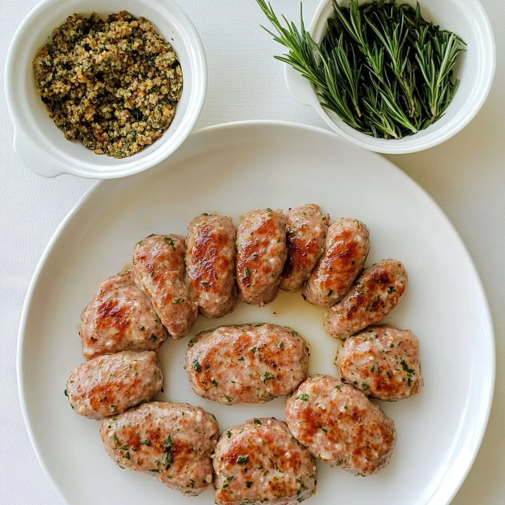 Homemade ground turkey breakfast sausages on a plate with herbs and spices