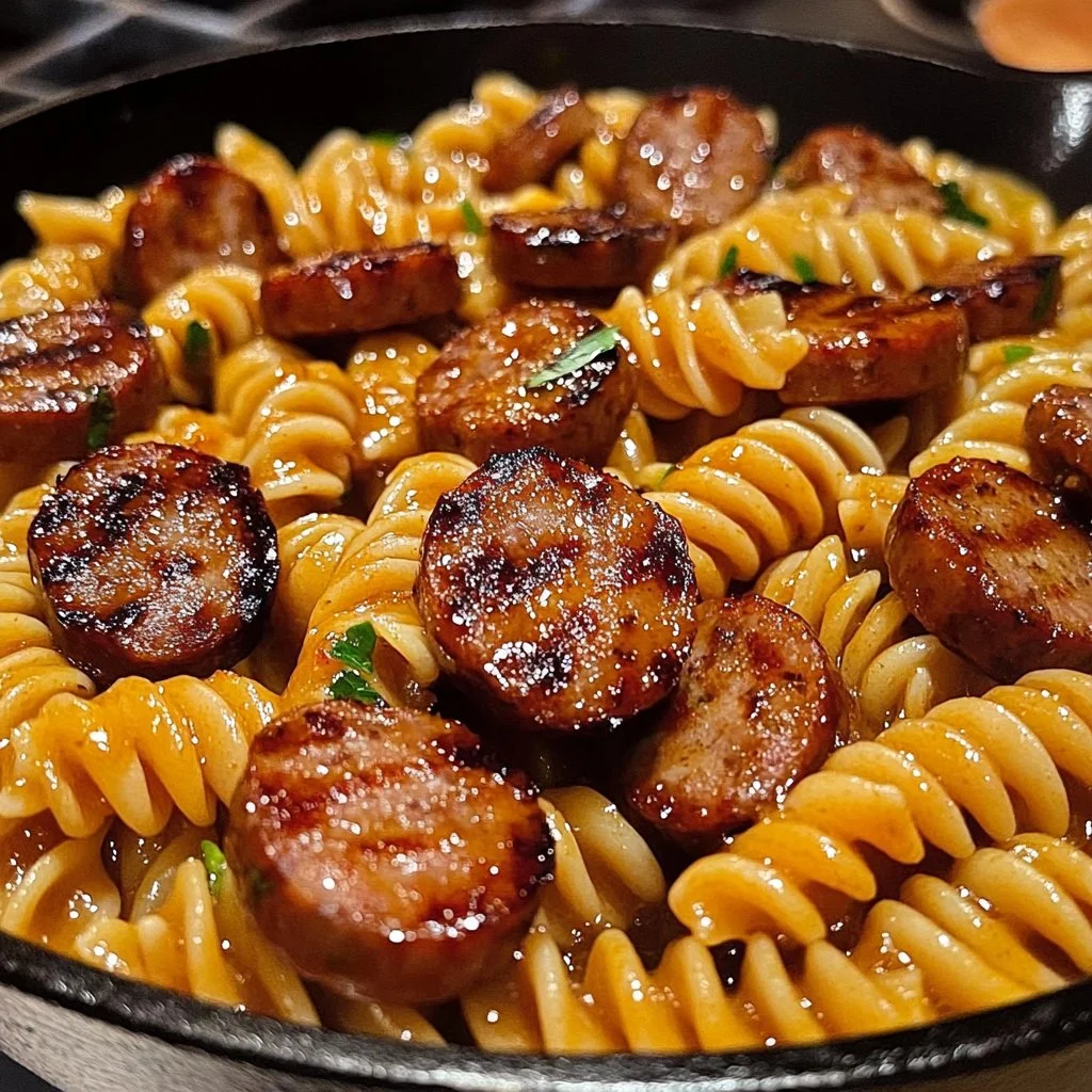 A bowl of Honey Garlic Sausage Pasta topped with herbs and garlic.