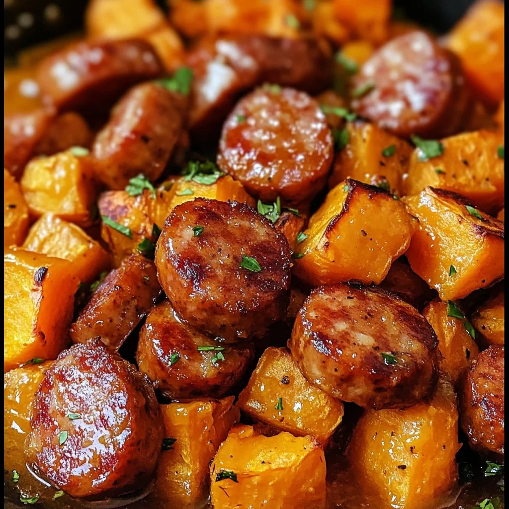 Honey Garlic Sausage cooking with sweet potatoes in a skillet