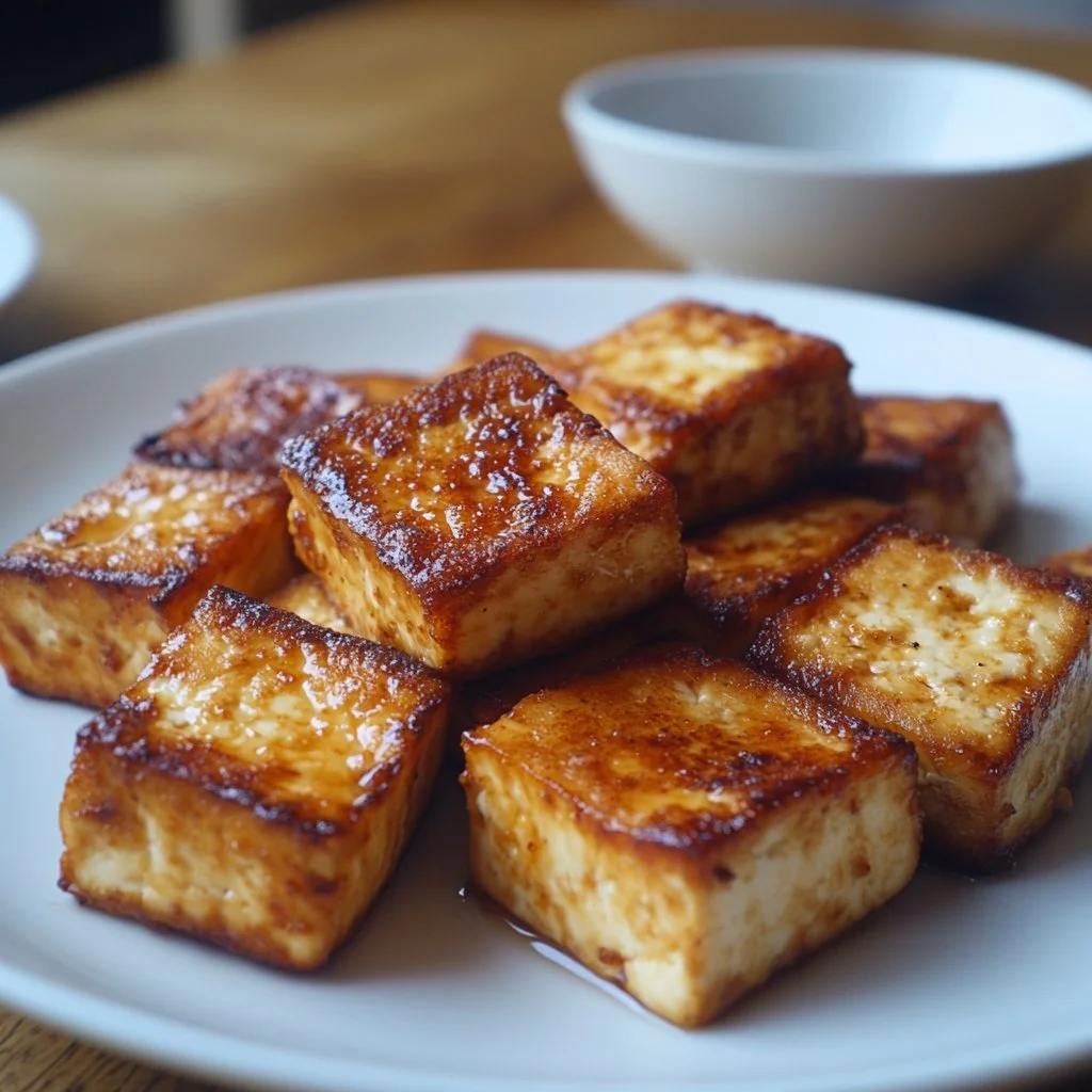 Delicious tofu chicken dish garnished with herbs and spices