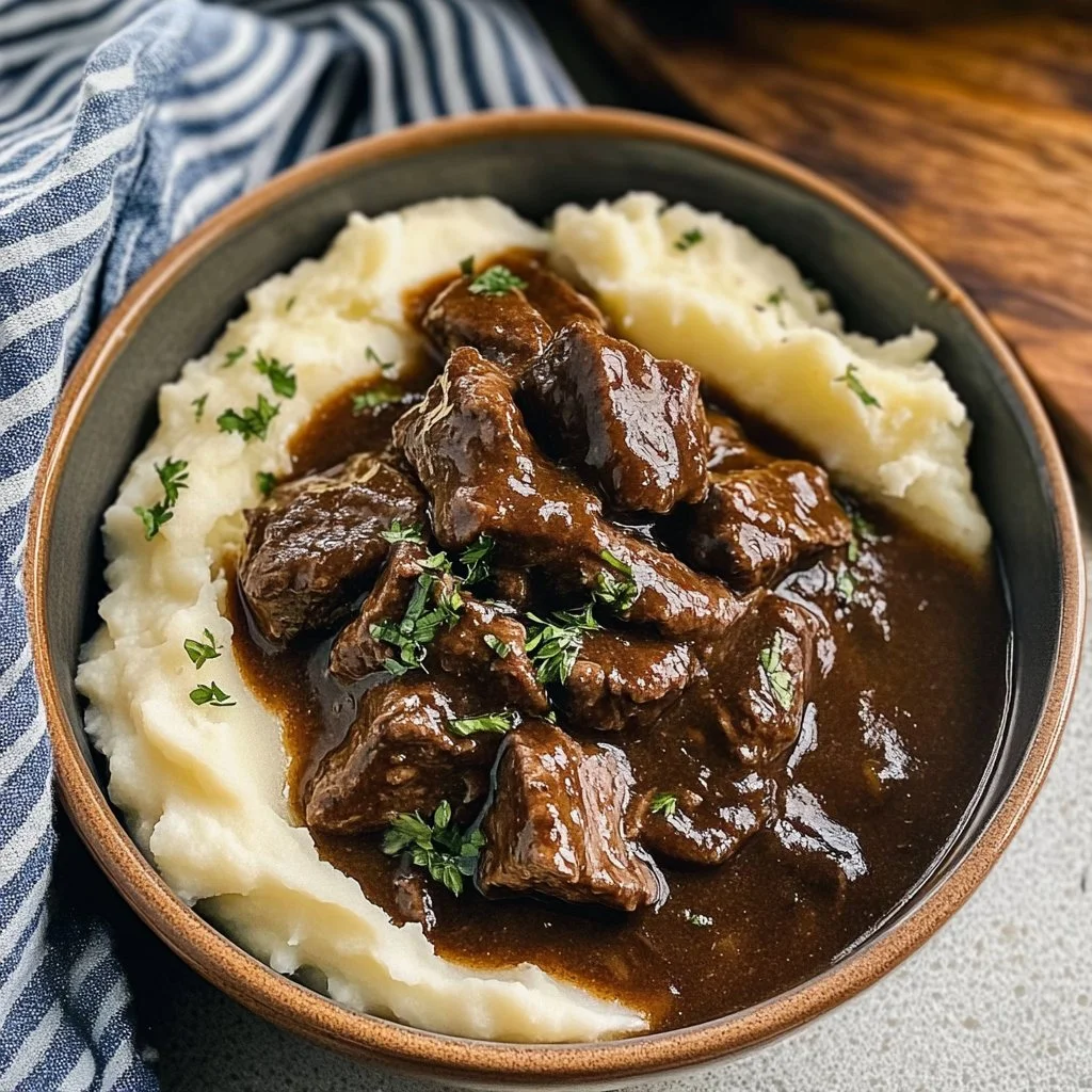 Delicious Instant Pot beef tips served with gravy and veggies on a plate