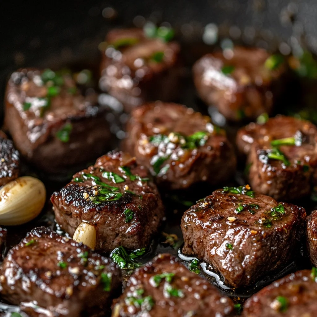 Delicious garlic butter steak bites served in a skillet
