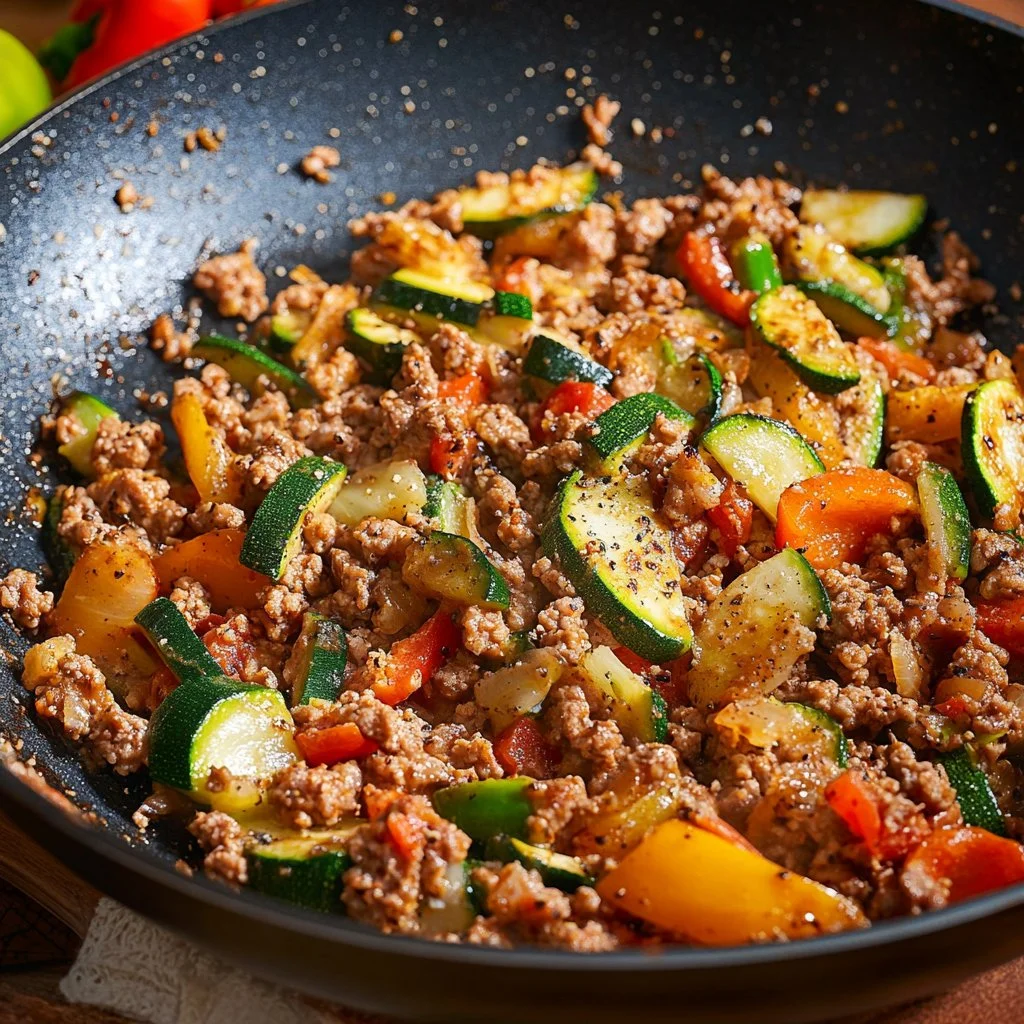 Healthy Italian Ground Turkey and Veggie Skillet dish on a wooden table