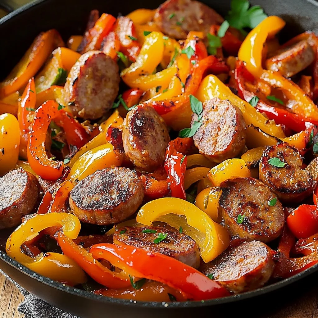 Italian sausage and peppers skillet served in a pan with colorful bell peppers