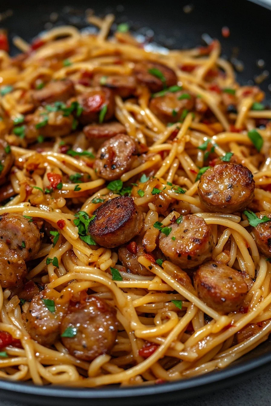 Sticky Honey Garlic Sausage Pasta Skillet