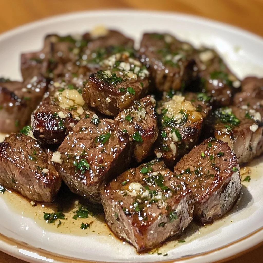 Delicious juicy steak bites served with garlic butter and Parmesan cheese