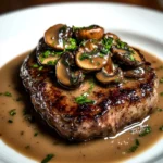 Juicy steak topped with a flavorful balsamic glaze on a white plate.