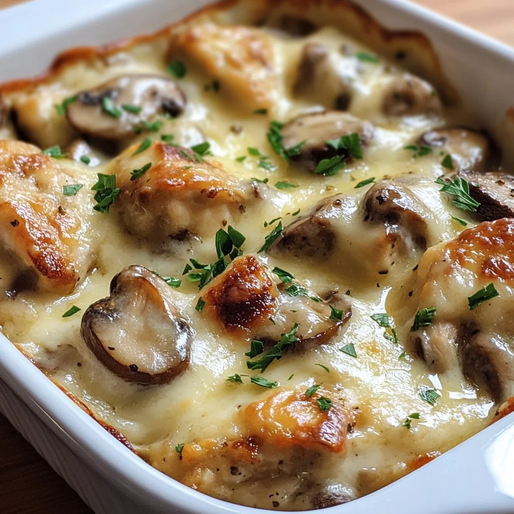 Keto Garlic Mushroom Chicken Casserole in a baking dish, topped with fresh herbs.