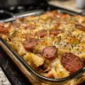 Kielbasa and Pierogi Bake served in a baking dish